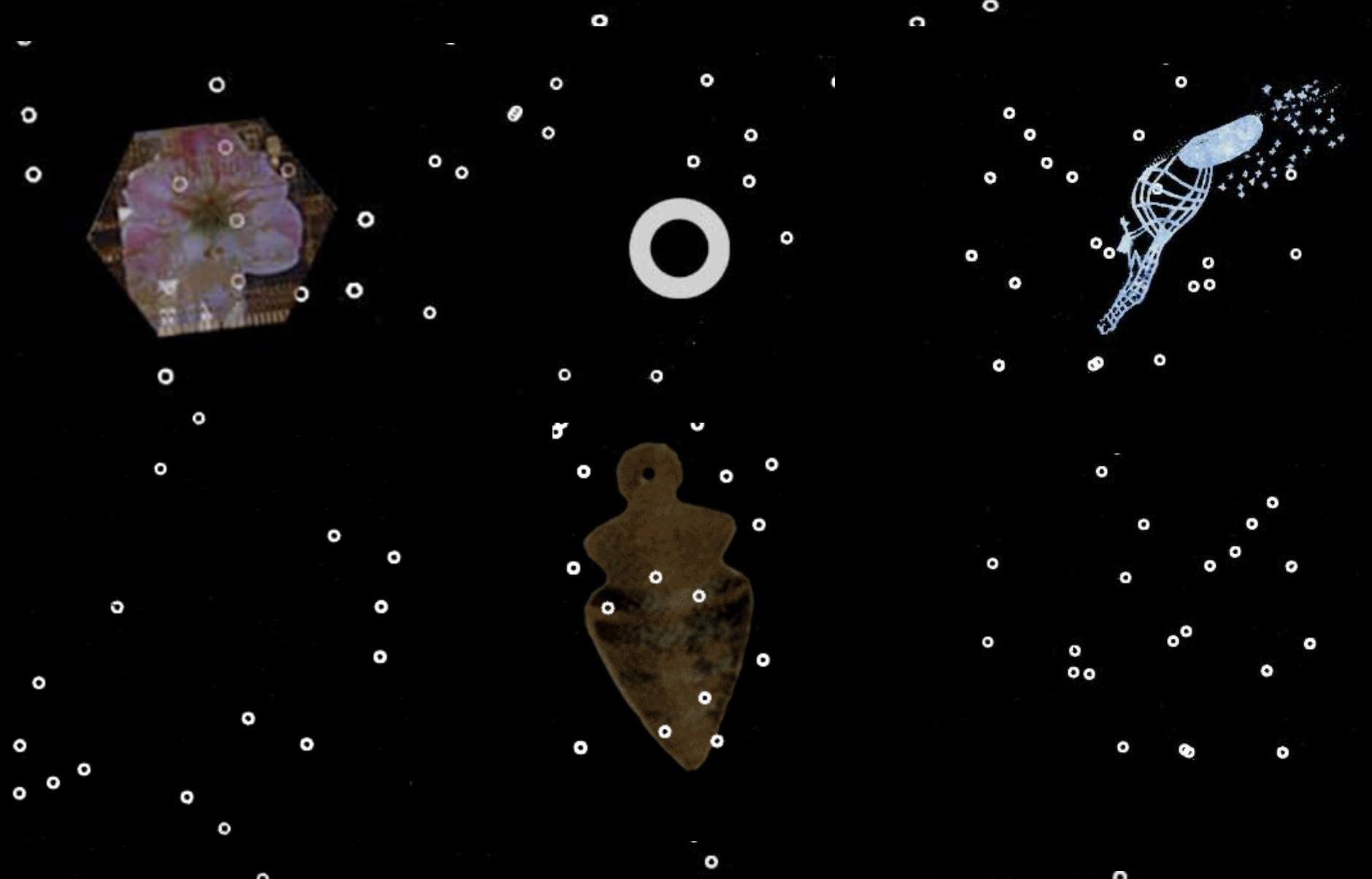 A dark background with white star-like dots, featuring three objects: a pink and purple flower inside a three-dimensional hexagon shape, a brown arrowhead-shaped artifact, and a blue nebula-shaped cosmic illustration with stars.