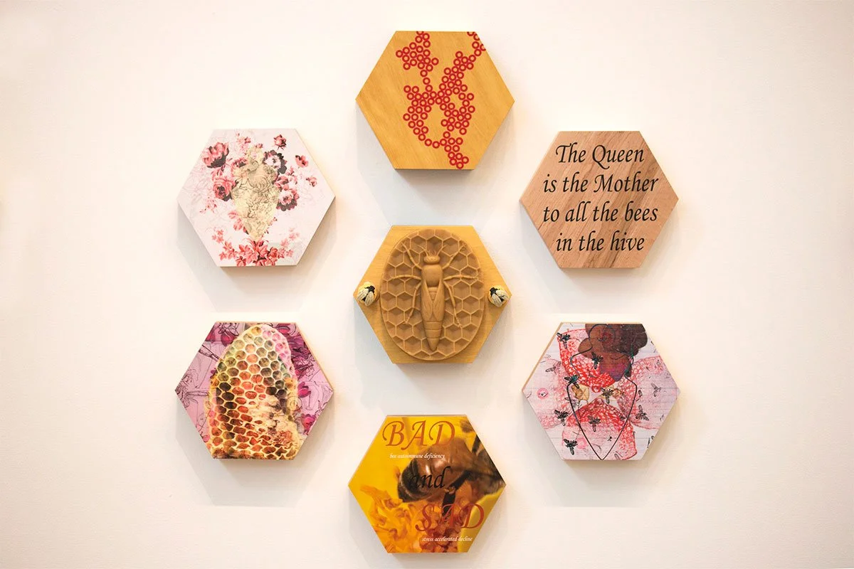 Wall decor with seven hexagonal frames, including a central wooden bee sculpture, and inspirational quotes about bees and queens.