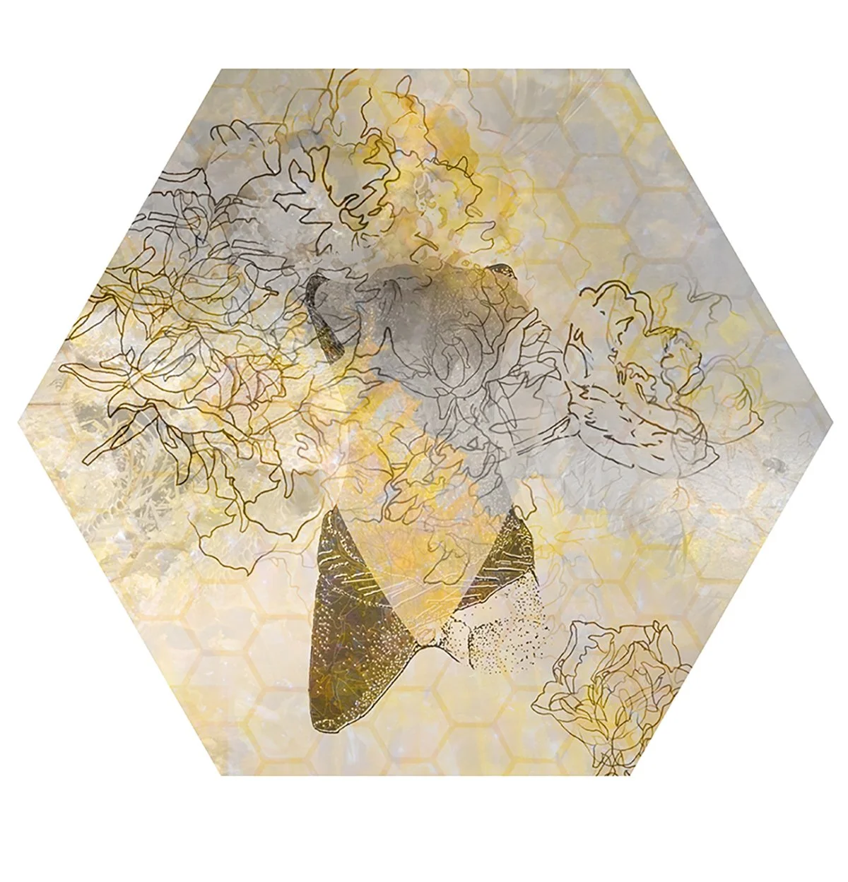 Abstract artwork with a honeycomb background, featuring an outline of a woman's face, flowers, and a butterfly with a mix of warm and neutral tones.