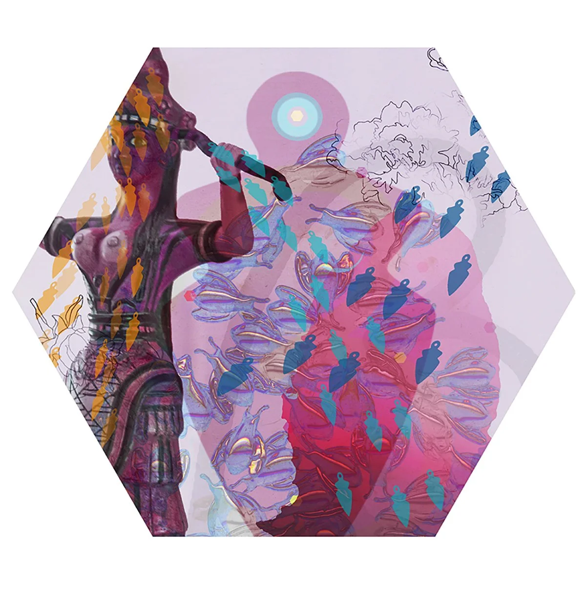 A digitally edited image of the Statue of Liberty holding a tablet, with various abstract and stylized human figures, birds, and a colorful background within a hexagonal frame.