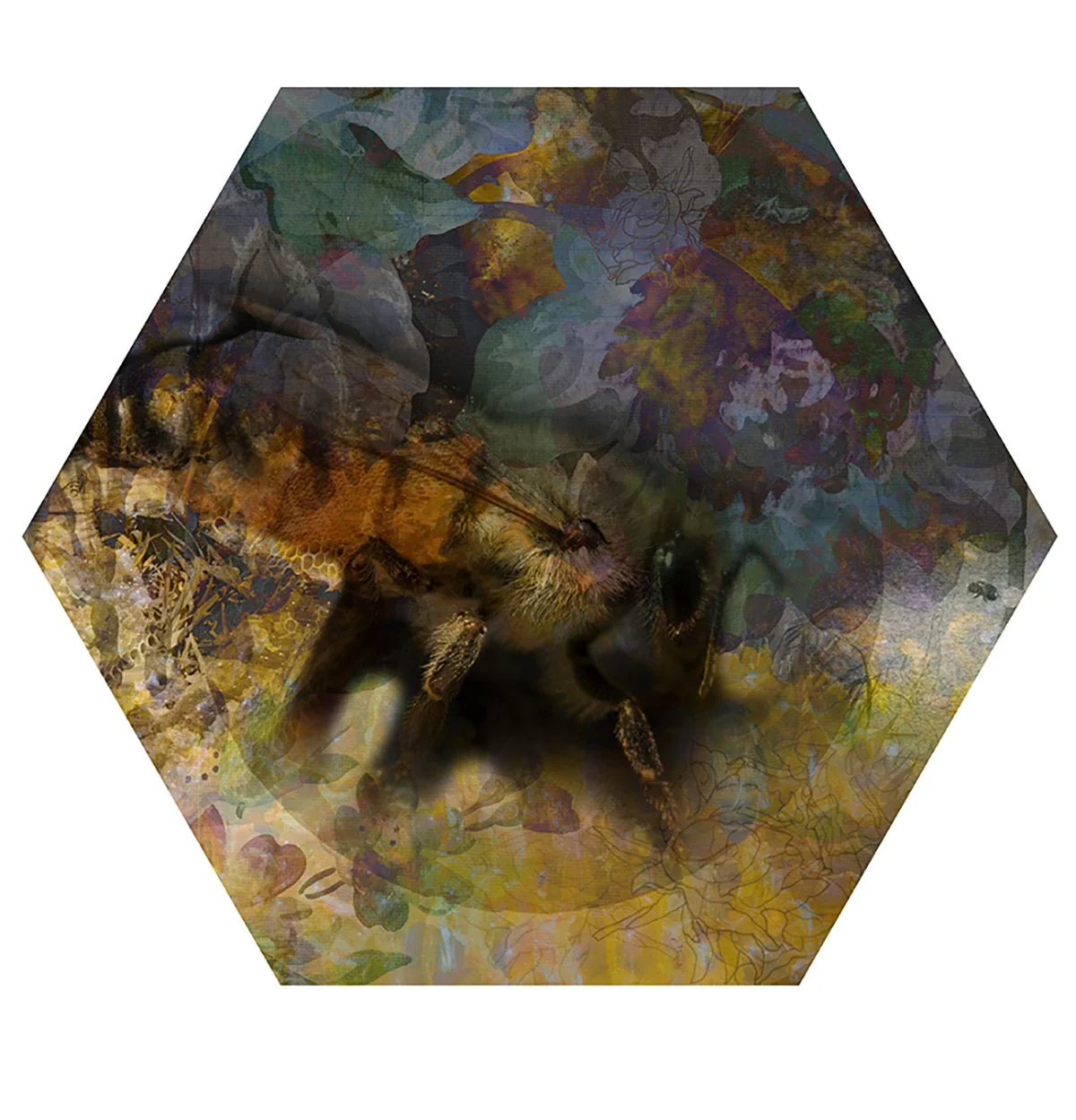 Close-up of a honeybee on a flower, with colorful floral overlay, inside a hexagonal frame.