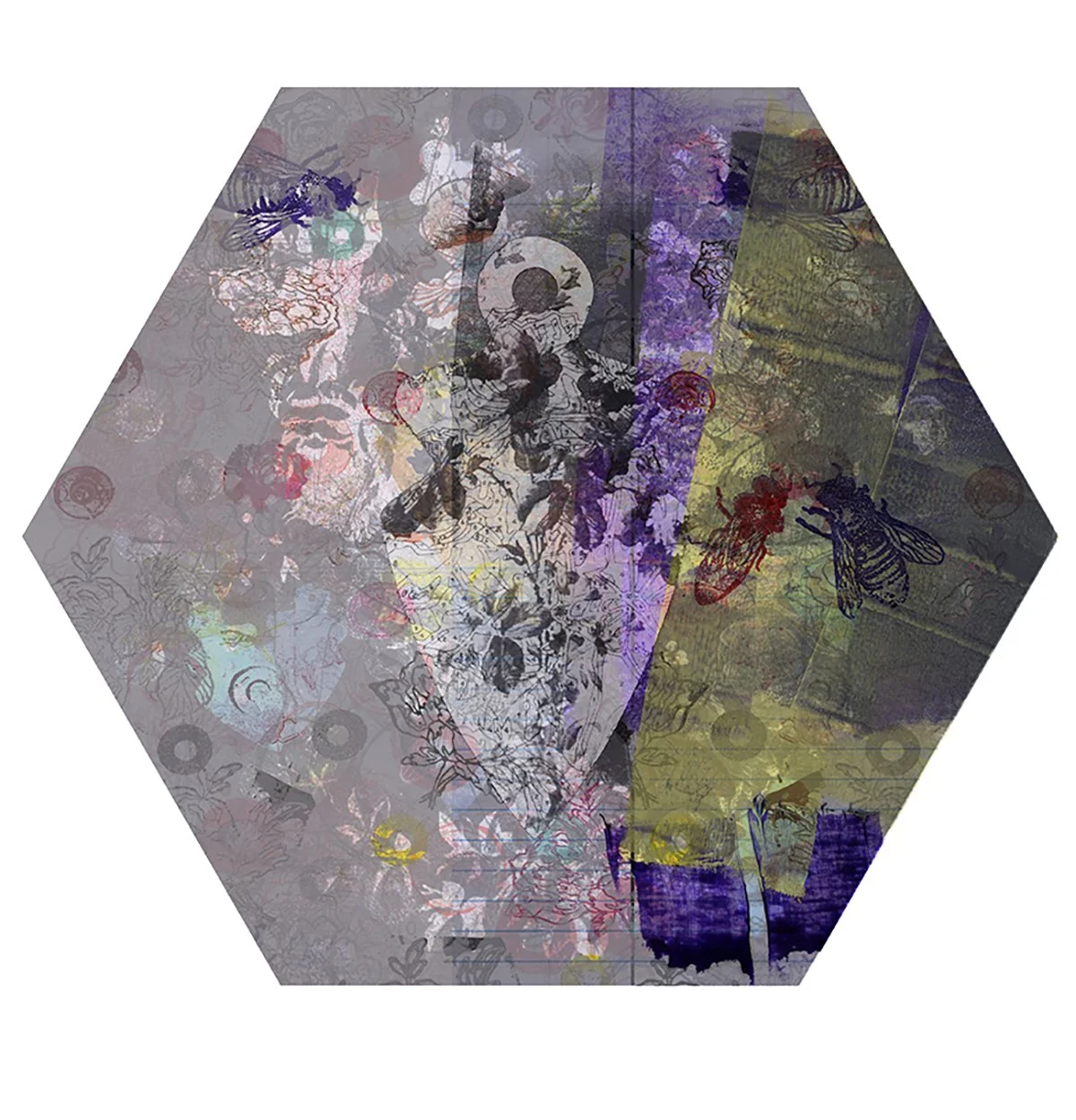 A hexagonal composition featuring layered abstract illustrations of bees, flowers, and floral motifs in muted and vibrant colors.