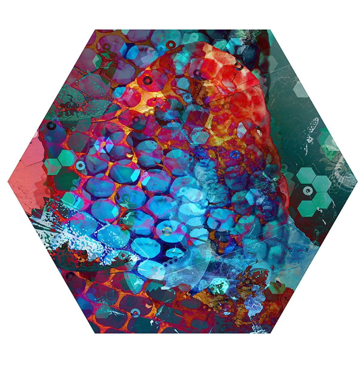 Abstract digital artwork with hexagonal shapes, vibrant colors, and interconnected patterns in a hexagon frame.