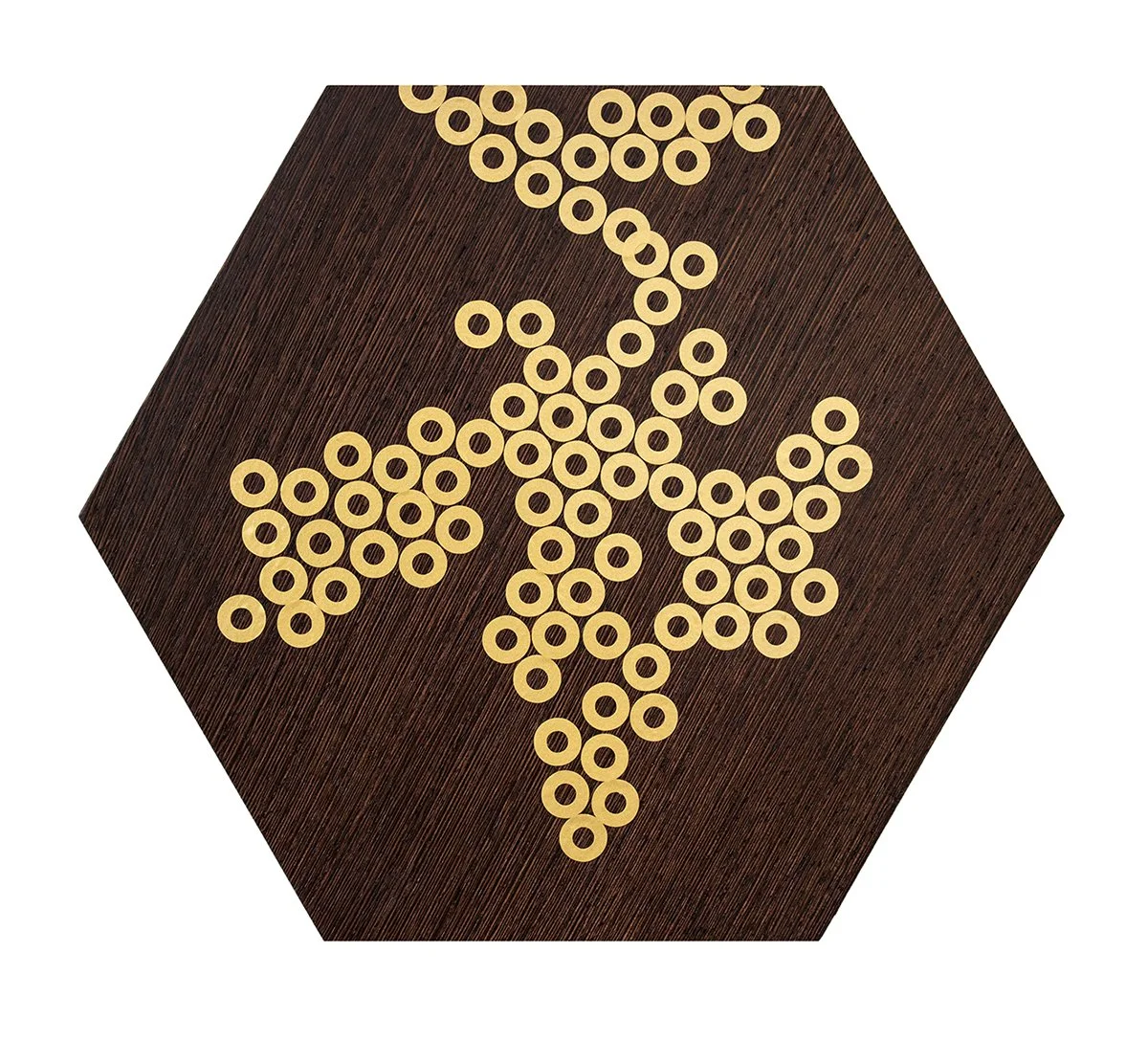 A hexagonal wooden board with small circular pieces arranged to form the shape of the African continent.