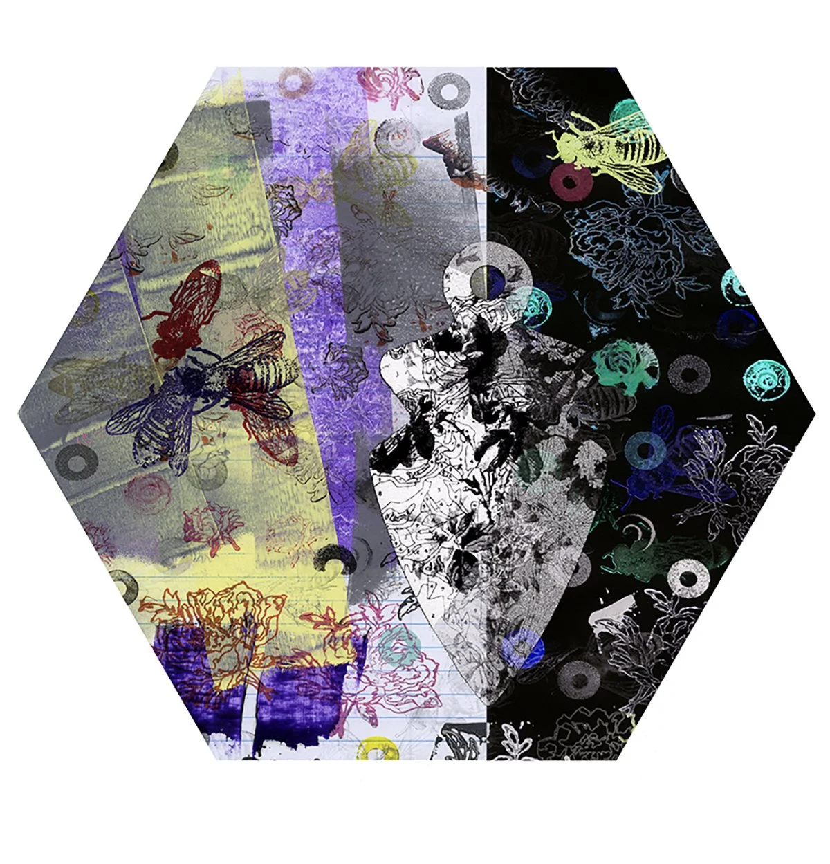 A hexagonal collage with floral and bee illustrations in various colors and backgrounds, including black, white, purple, yellow, and blue.