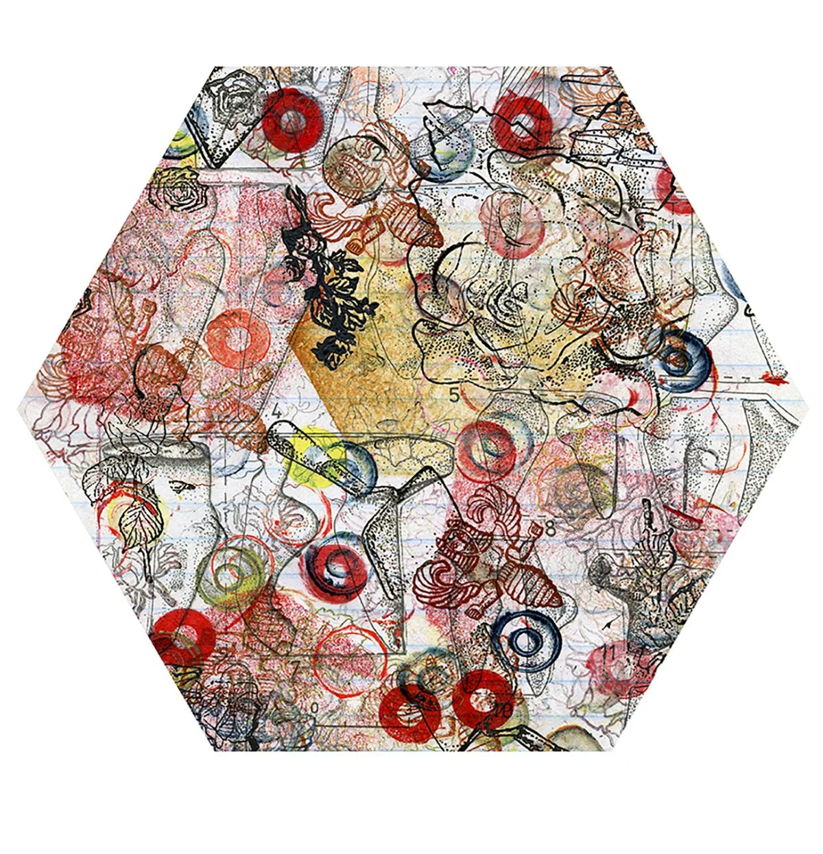 Abstract mixed media collage with sketches, colorful circles, and layered patterns on hexagonal canvas.