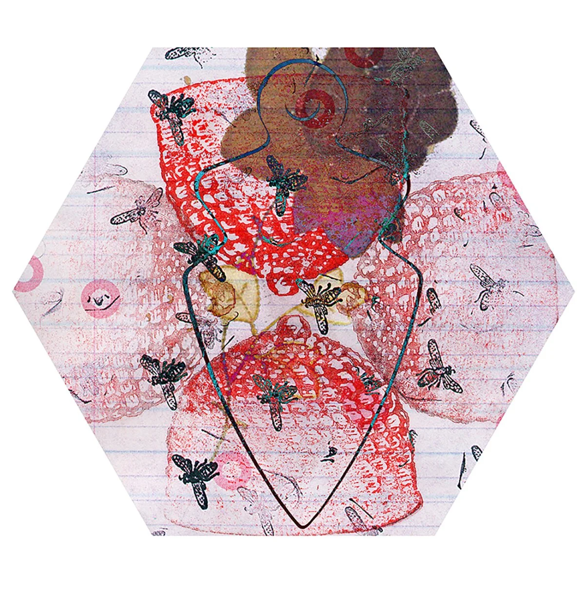 Artwork of a girl in a red dress surrounded by bees, with a heart outline in front.