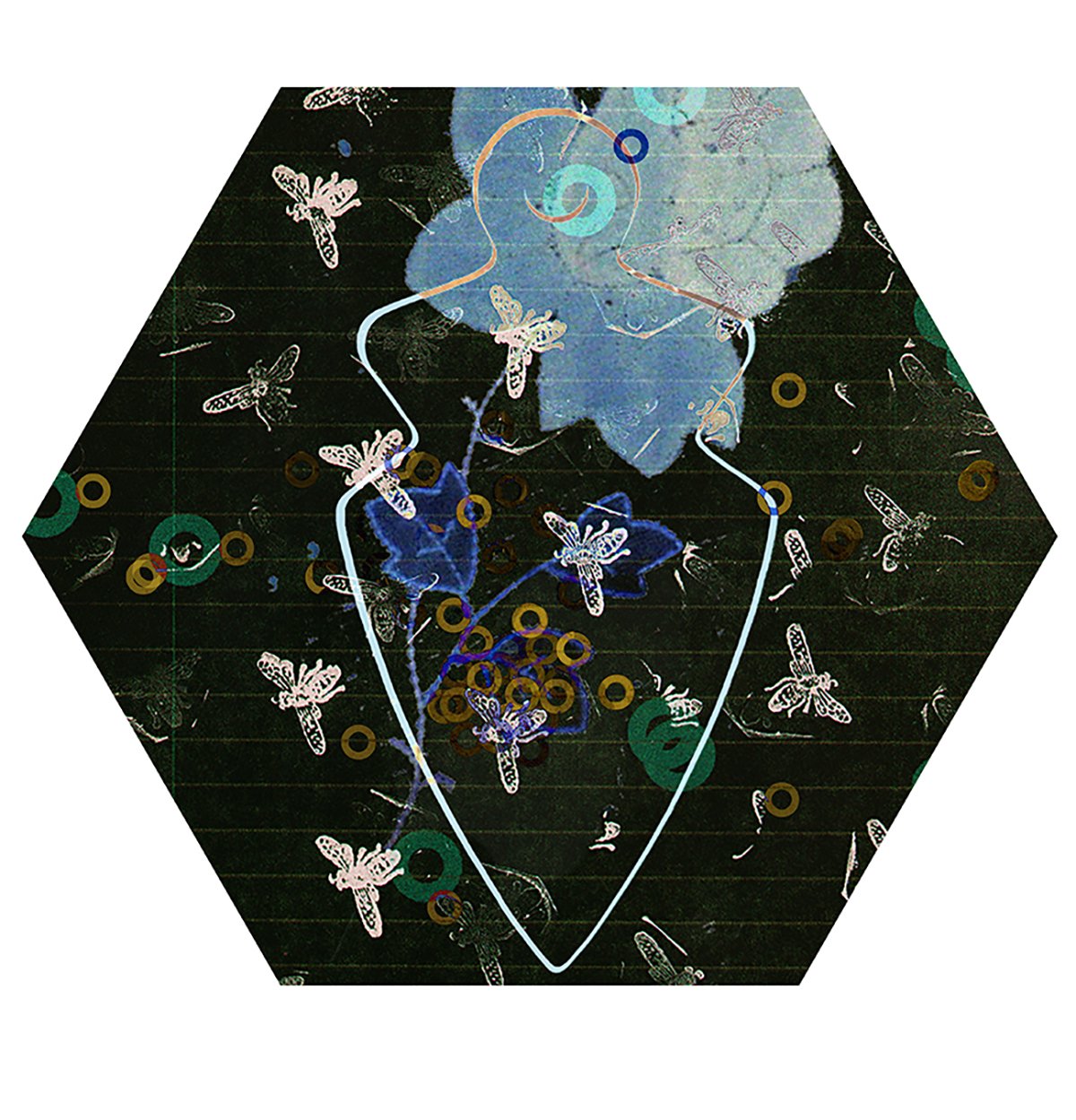 Abstract art featuring the outline of a woman's profile with floral and bee elements, with a dark background and circular accents.