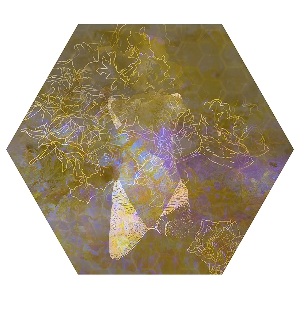 Abstract digital artwork featuring a butterfly, flowers, and lightning-like patterns in shades of gold, purple, and blue within a hexagonal frame.