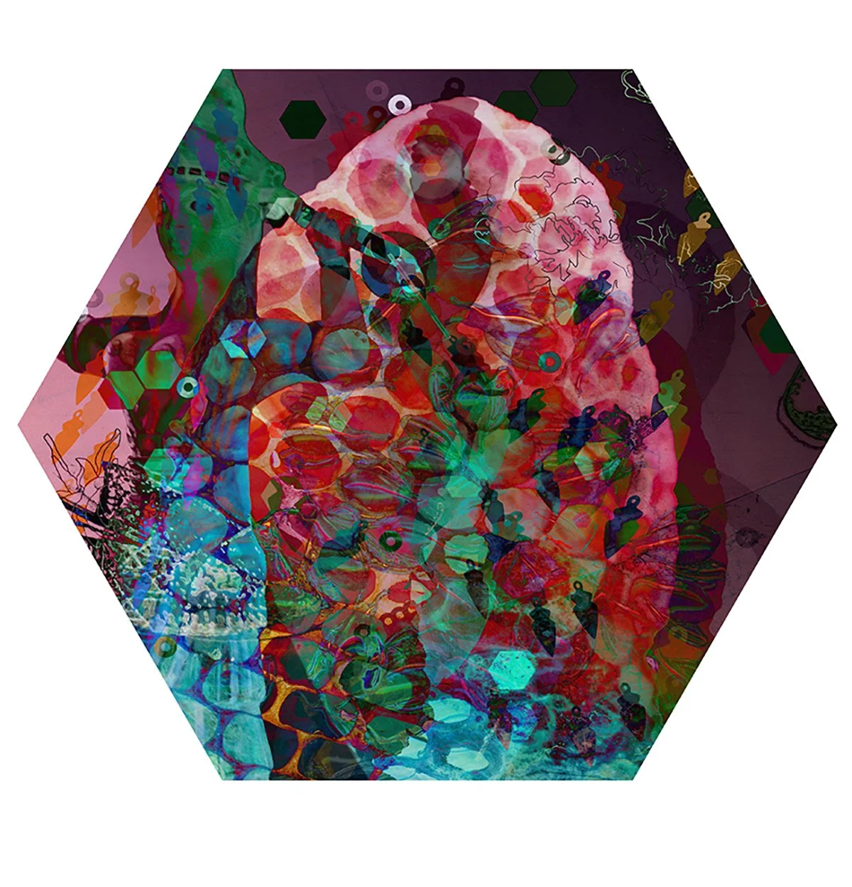 Abstract digital artwork with vibrant colors, hexagonal patterns, and layered shapes.