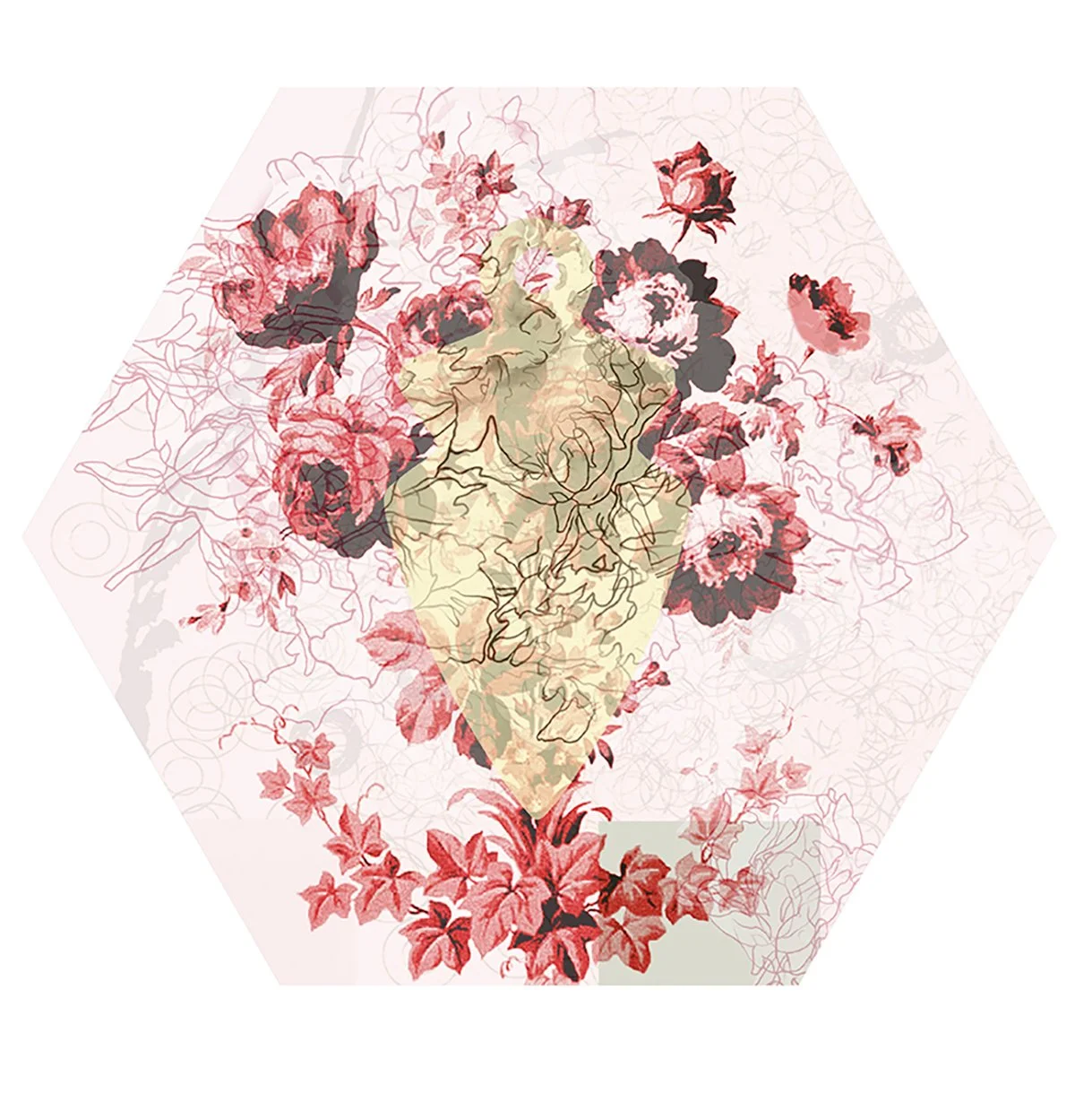 An artistic illustration of a human face with floral elements, including roses and leaves, inside and around the face, on a textured, hexagonal background.