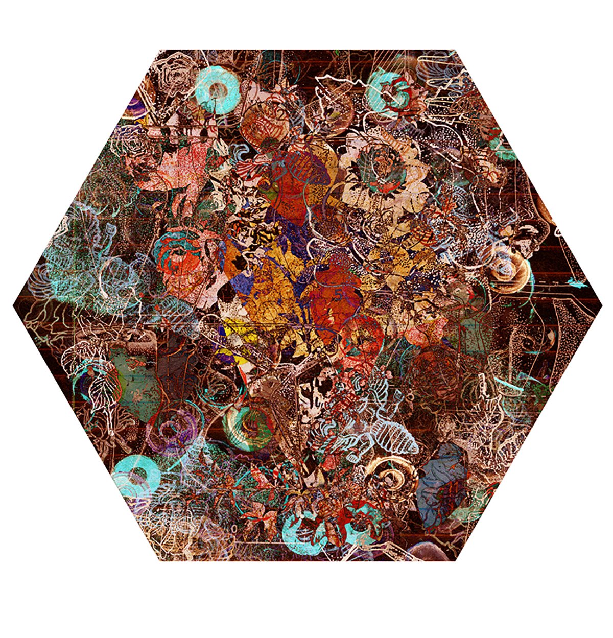 Abstract digital artwork with a hexagonal shape, consisting of colorful, intricate, and chaotic patterns resembling biological structures or neural networks in various hues of red, orange, blue, and teal.