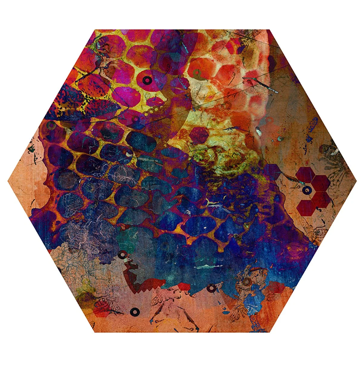 Abstract digital artwork with vibrant colors, geometric shapes, and hexagon patterns overlaid.