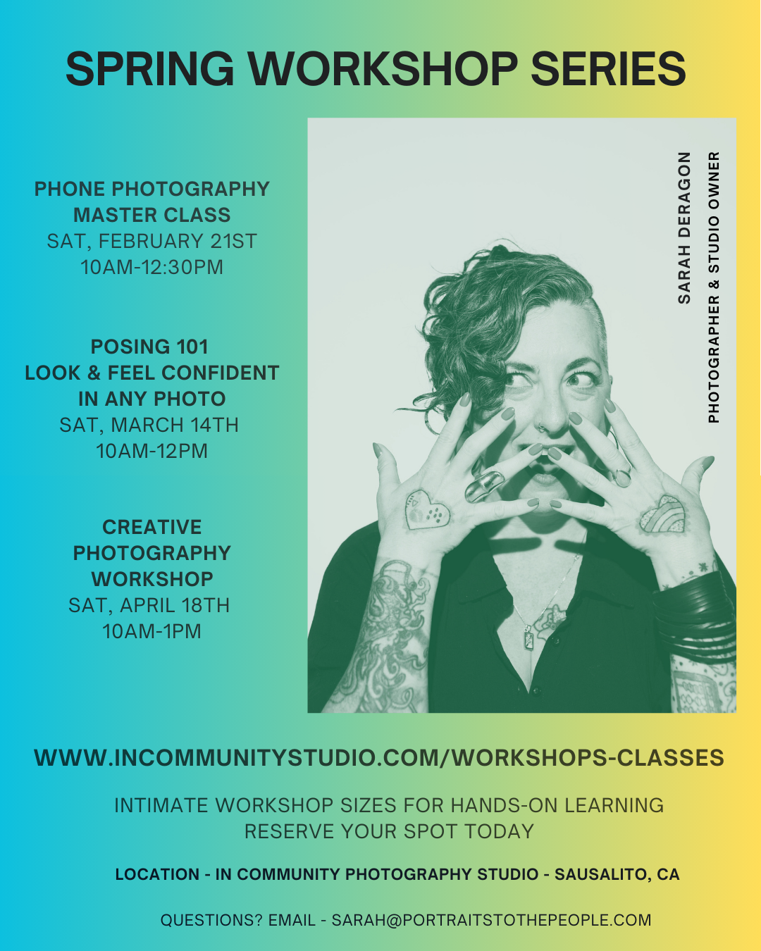 A promotional flyer for a spring photography workshop series featuring a woman with tattoos and curly hair, with details about several photography classes and registration information.