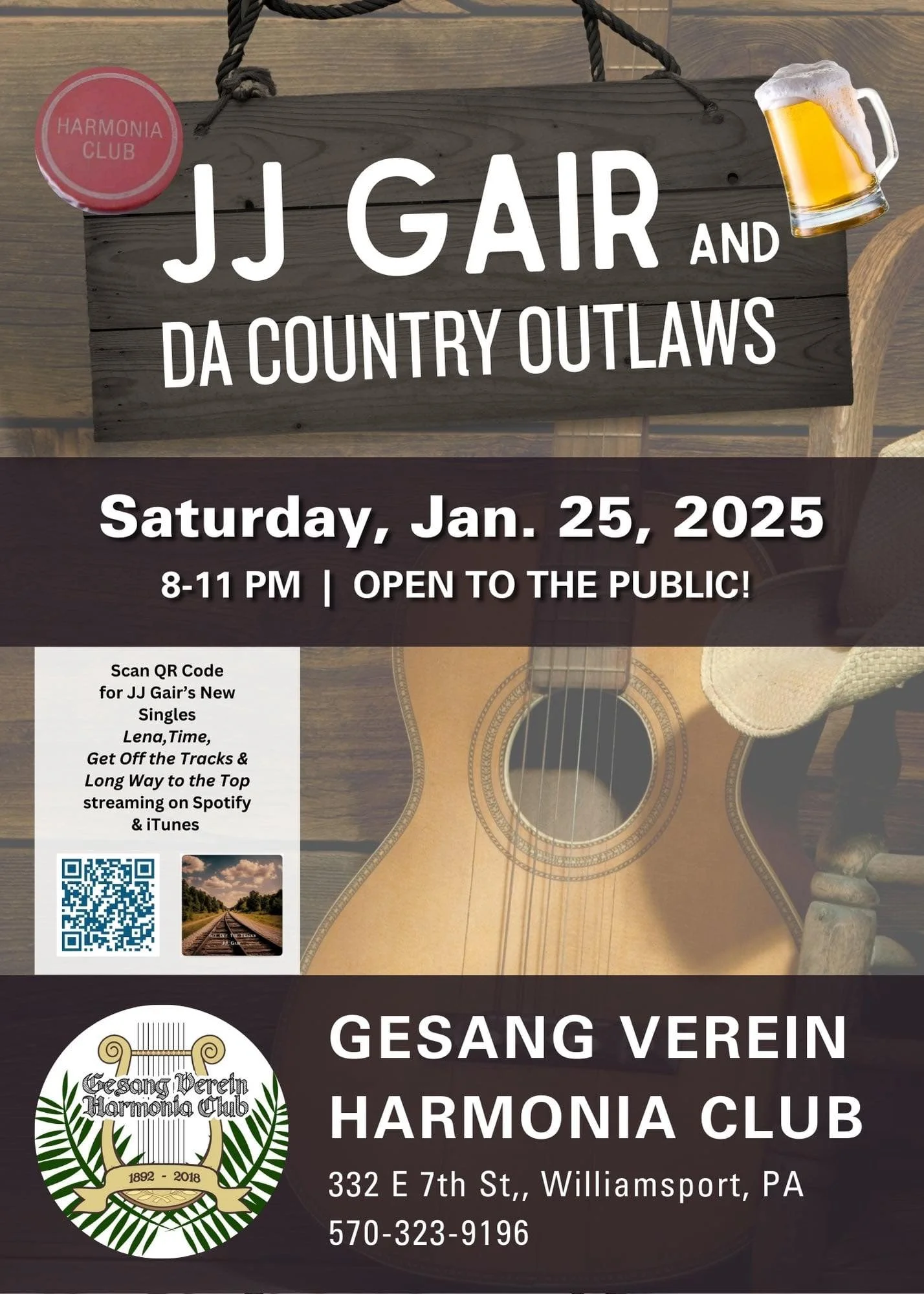 Flyer for JJ Gair and DA Country Outlaws event at Gesang Verein Harmonia Club in Williamsport, PA on Saturday, January 25, 2025, from 8-11 PM. Includes QR code and mentions new singles on Spotify and iTunes.