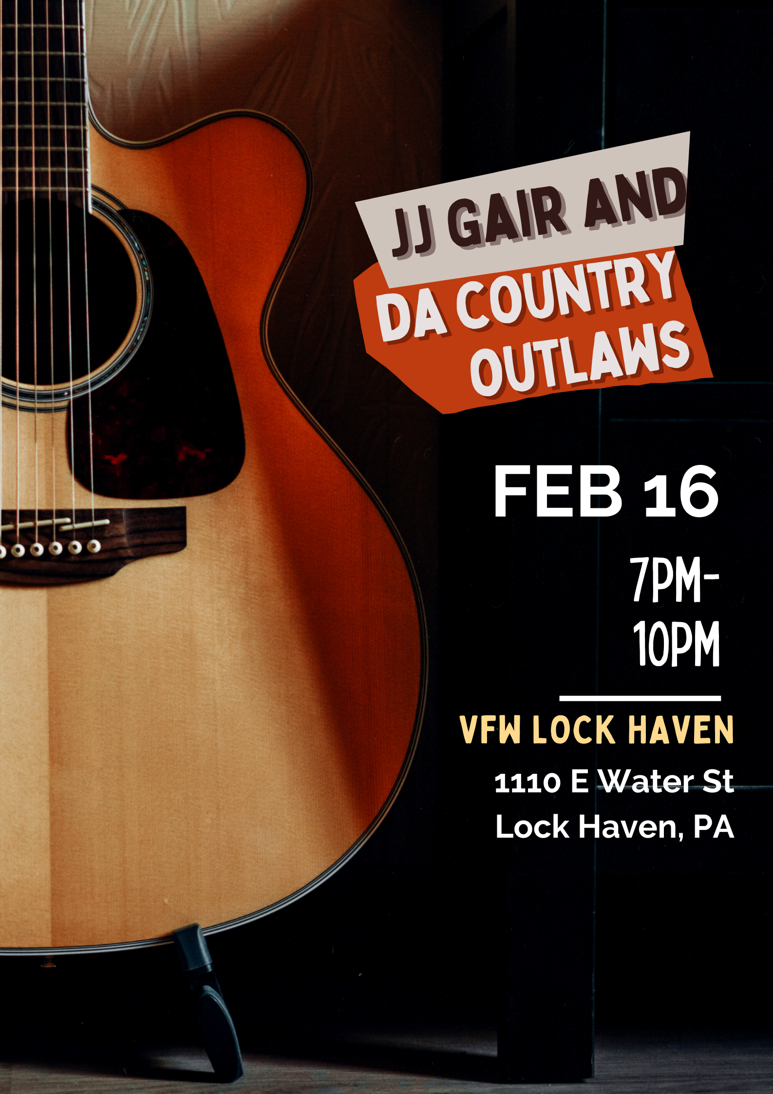 Event poster featuring an acoustic guitar on the left and details about a music event on the right, including date, time, location, and the performing band.