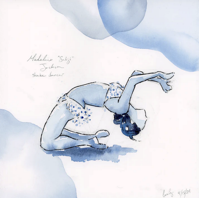 Watercolor of a female dancer in a jazz pose, wearing a polka-dotted top and shorts, with handwritten notes and clouds in the background.