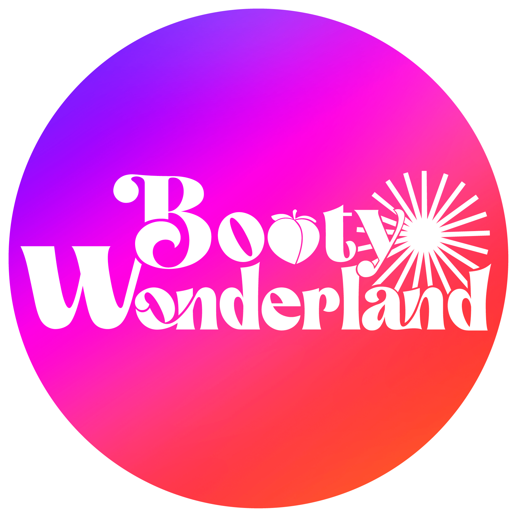 Colorful background with the words "Booty Wonderland" in white, playful font, and a stylized sunburst design.