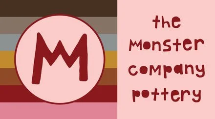 Logo with a large pink circle containing a stylized red M and the text 'the monster company pottery' on a pink background.