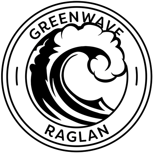 Black and white circular logo with a stylized wave in the center, surrounded by the text 'Greenwave Raglan'.