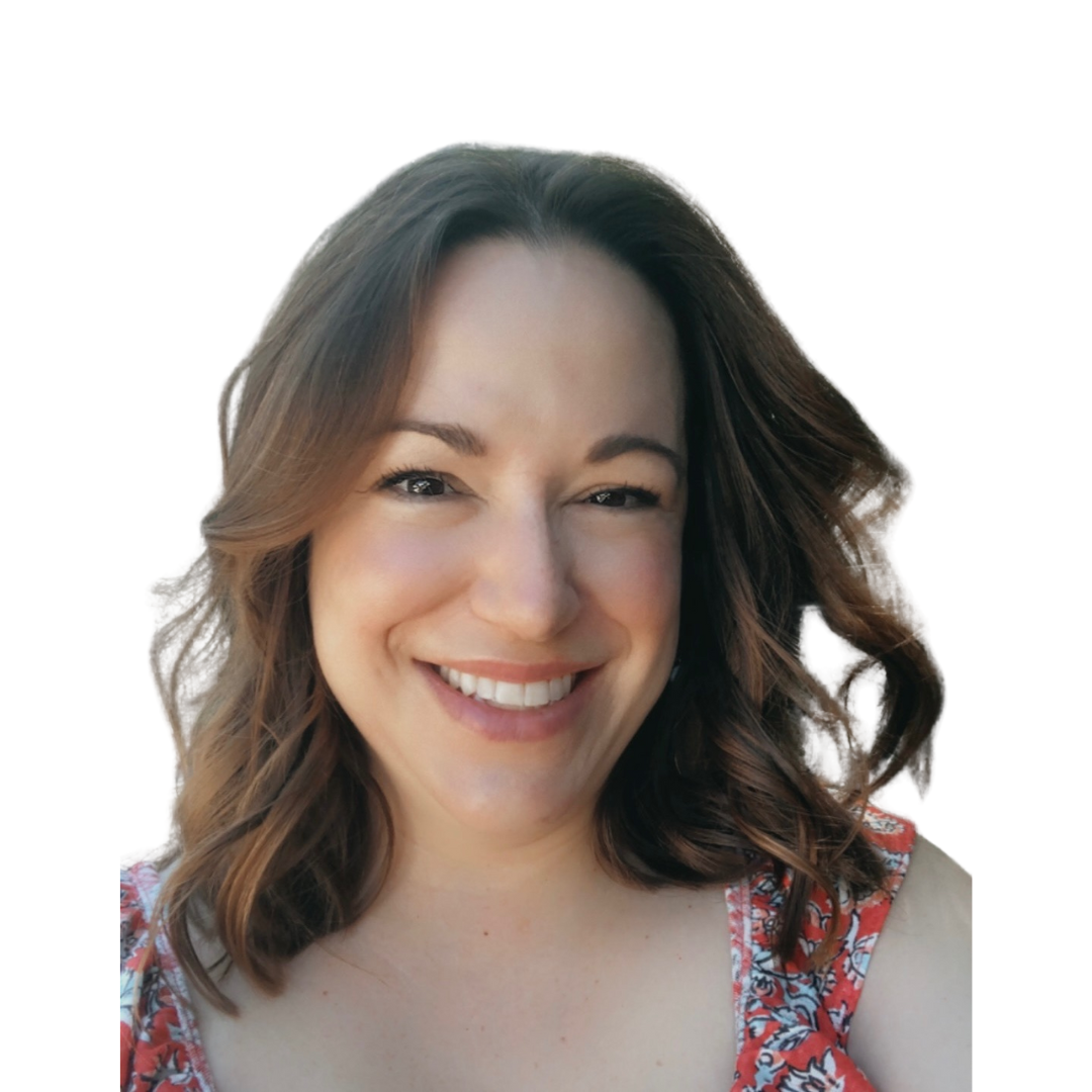 headshot of woman with brown hair and red printed blouse