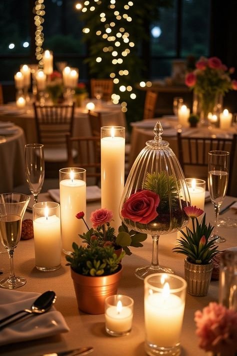 Elegant table decorated with candles, potted plants, and a glass cloche centerpiece with flowers at an indoor event.