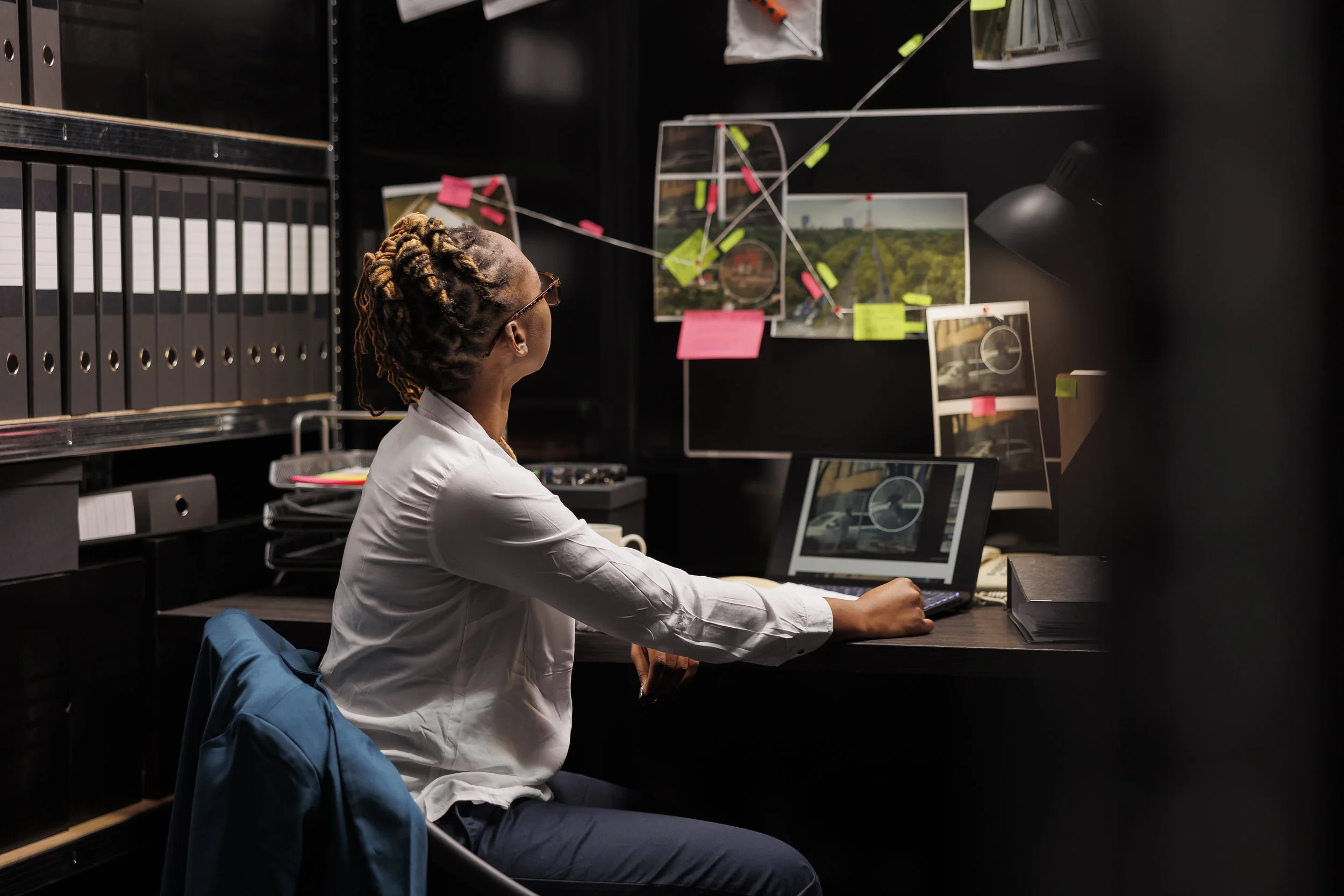 Woman with glasses sitting at a desk in a dark office, looking at a wall with photos, maps, and notes connected by string and sticky notes, with a computer and files on the desk.