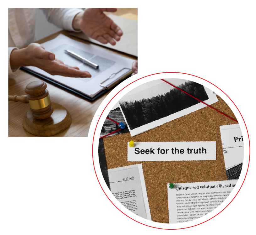 A person gesturing with their hands near a wooden desk with a gavel, a clipboard with documents, and a pen.