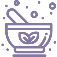 Line drawing of a bowl with a leaf design, surrounded by floating bubbles or particles.