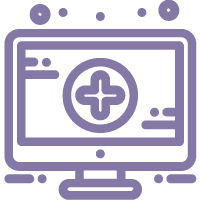 Illustration of a computer monitor displaying a medical cross symbol, with small circles above the screen.