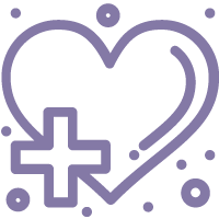 A purple outline of a heart with a medical cross inside, surrounded by small decorative dots.