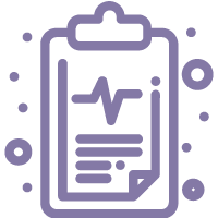 Icon of a clipboard with a medical heart rate graph and medical report lines, surrounded by decorative dots.
