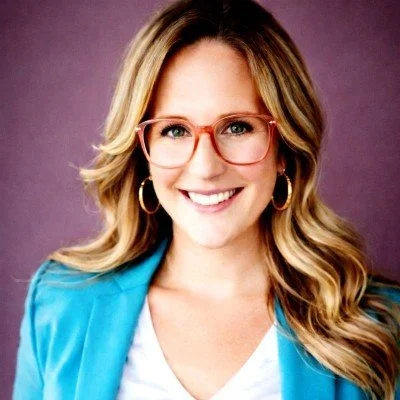 Emily Wyatt, CEO of Real Estate Concierge Services Company, wearing glasses, hoop earrings, a blue blazer, and a white top, smiling against a purple background.