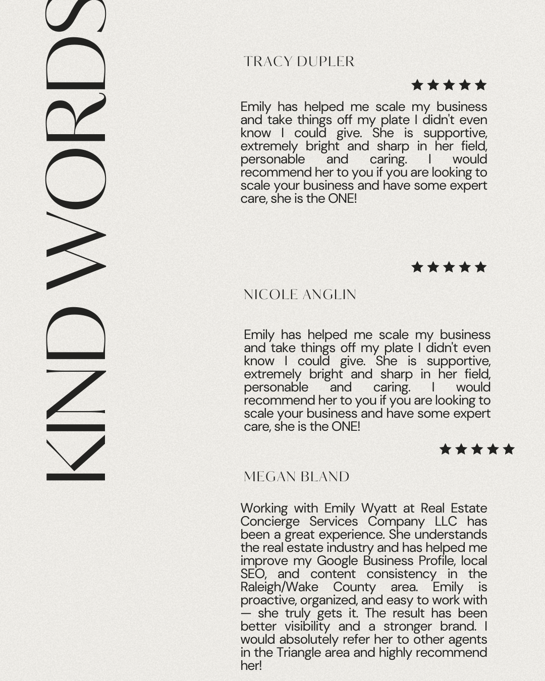 Testimonial page with three client reviews and large vertical text 'KIND WORDS' on the left side