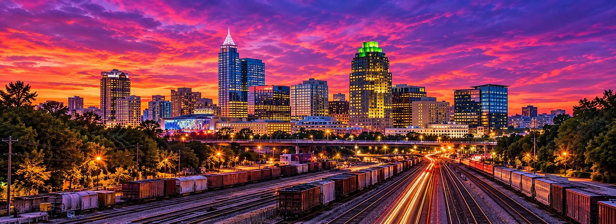 City skyline during sunset with tall buildings, train tracks in the foreground, and light trails from moving trains.