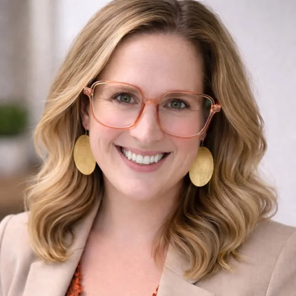 A woman with wavy blonde hair, wearing large gold earrings and pink glasses, smiling in a professional setting.