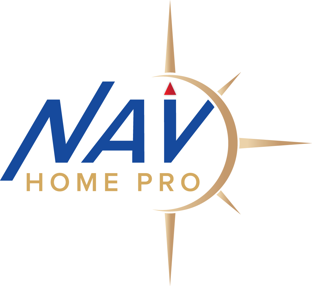 Logo for NAV Home Pro with a compass design in gold and blue lettering.