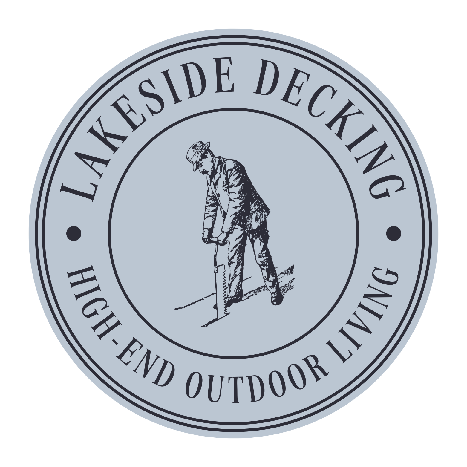 Logo with a man carving into wood, surrounded by the text 'Lakeside Decking' and 'High-End Outdoor Living'.