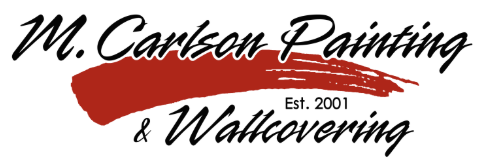 Logo for M. Carlson Painting & Wallpapering,Est. 2001, with black cursive text and a red brushstroke beneath the business name.