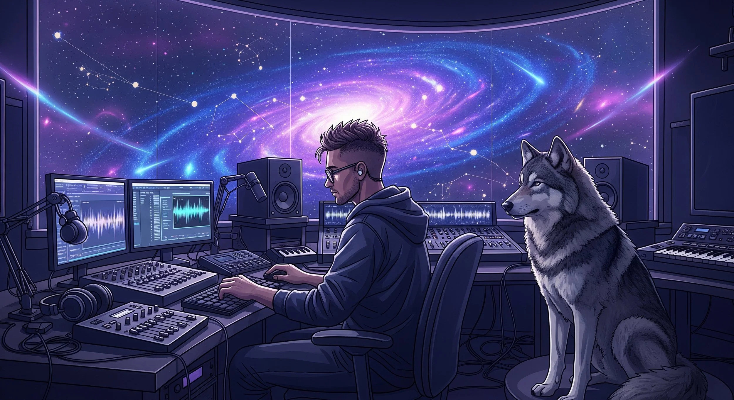 Digital illustration of a person with headphones working on music production in a studio with multiple monitors, a large wolf sitting nearby, and a cosmic galaxy background through a window.