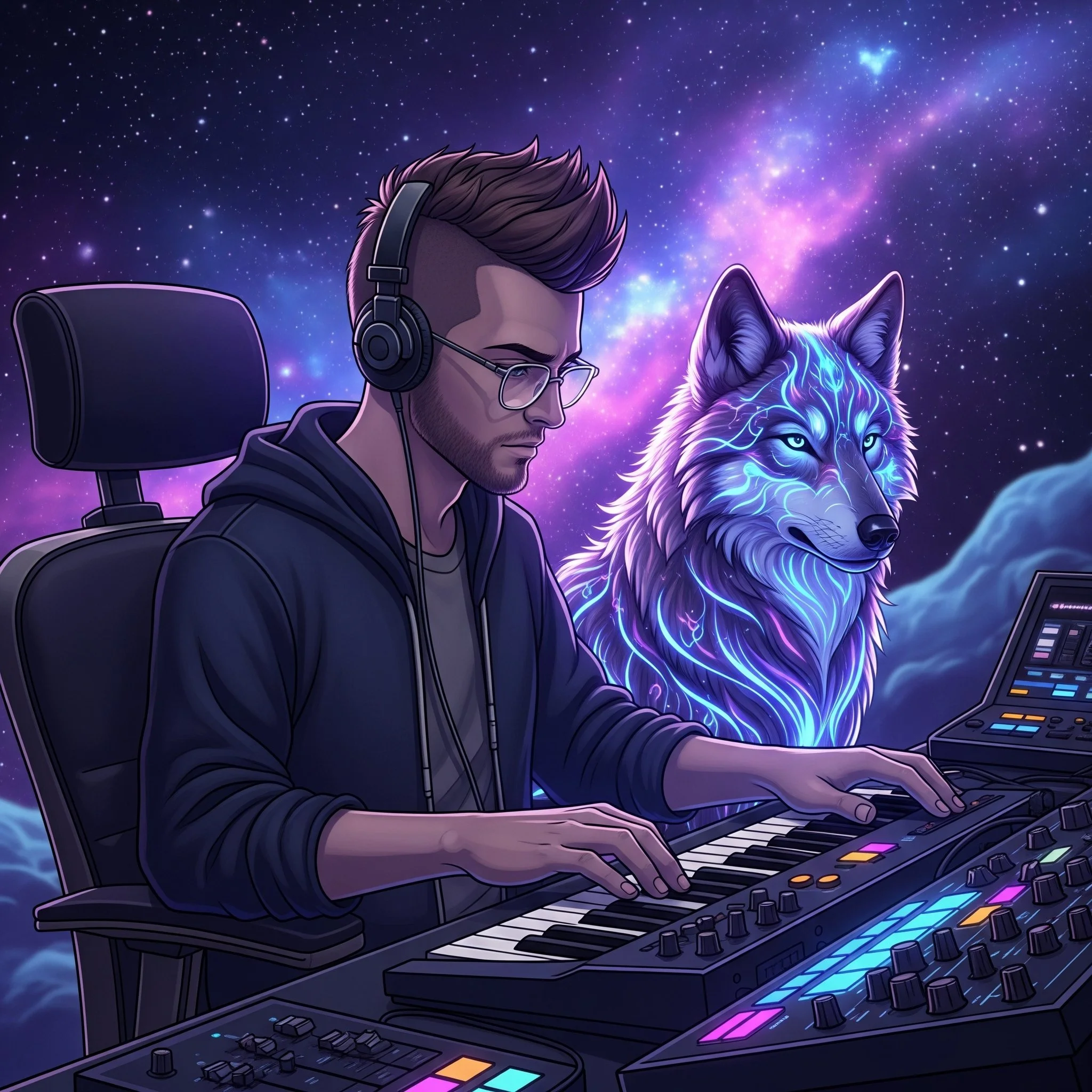 A young man wearing glasses and headphones playing a keyboard synthesizer in space, with a glowing, mystical wolf beside him and a starry galaxy in the background.