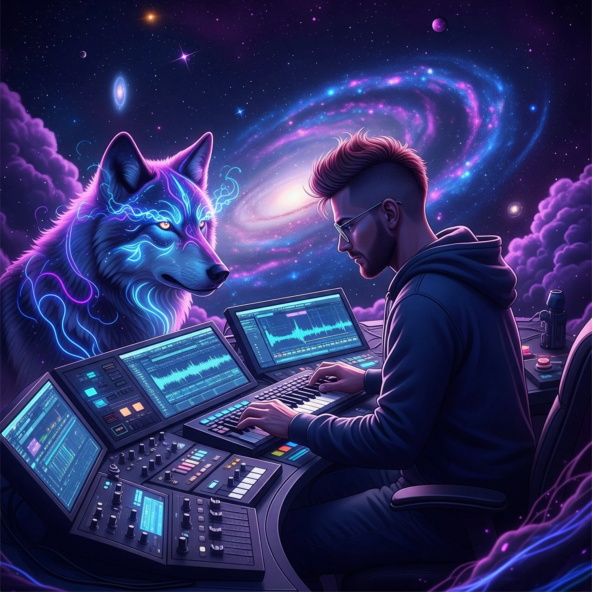 A digital artwork of a man with glasses playing electronic music on a synthesizer with a glowing wolf beside him, set against a cosmic background with planets, stars, and a galaxy.