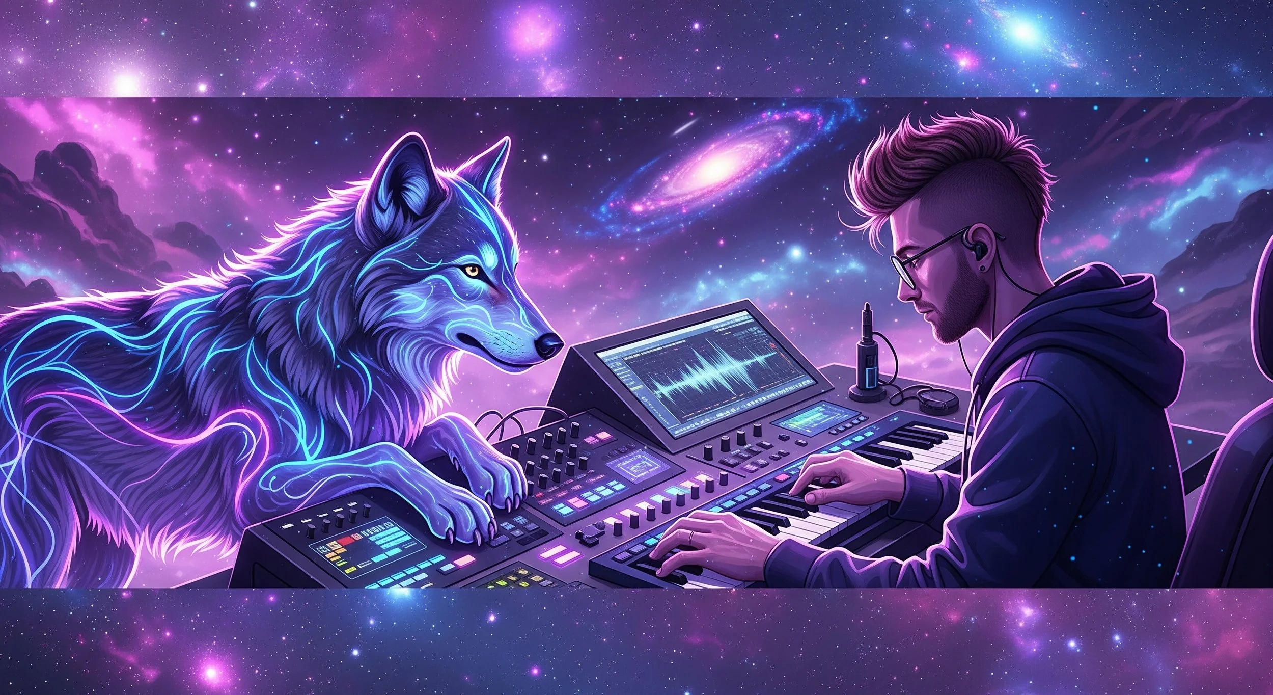 A digital artwork of a male musician with glasses and a hoodie playing a keyboard synthesizer, with a neon-lit wolf beside him, both set against a cosmic galaxy background.