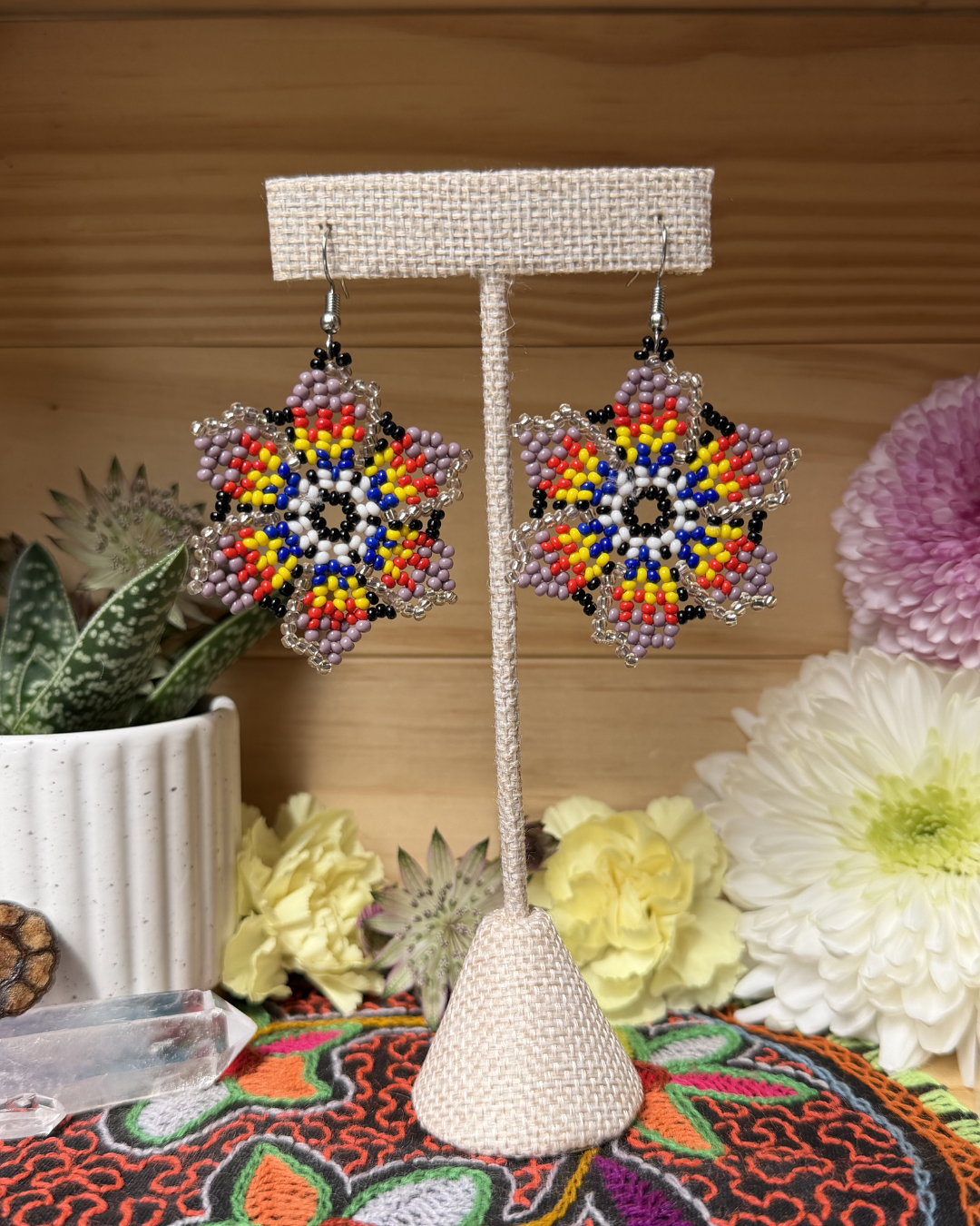Shipibo Beaded Purple Passionflower Earrings