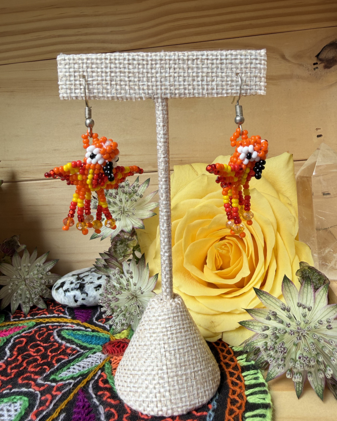 Hand-Beaded Orange-Bellied Hummingbird Earrings