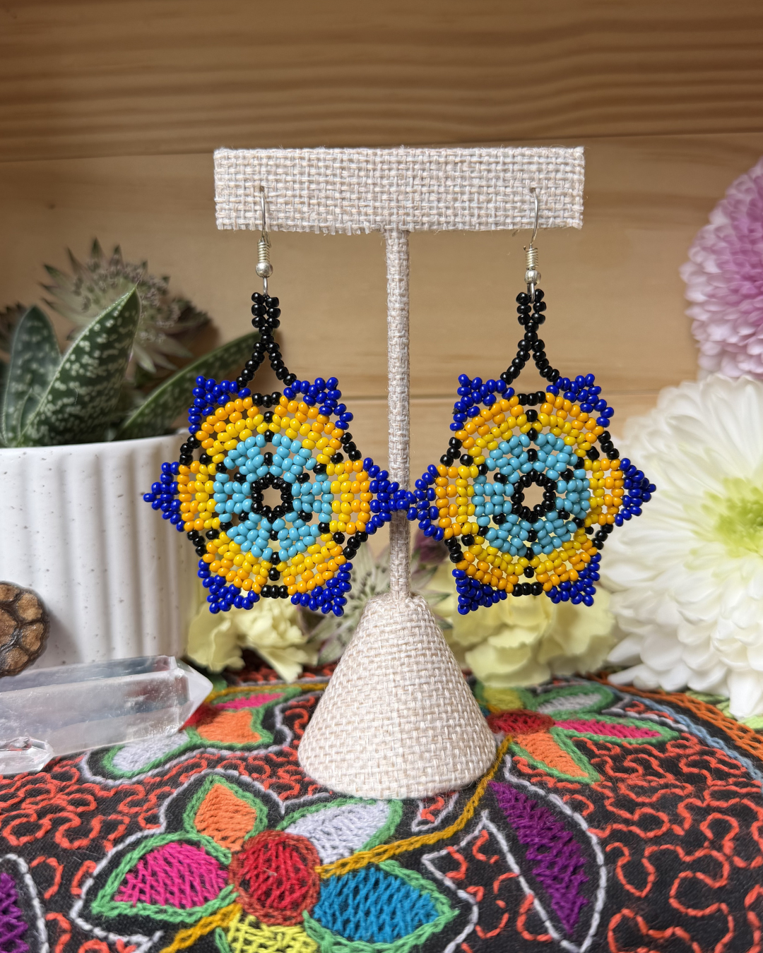 Shipibo Beaded Blue Passionflower Earrings