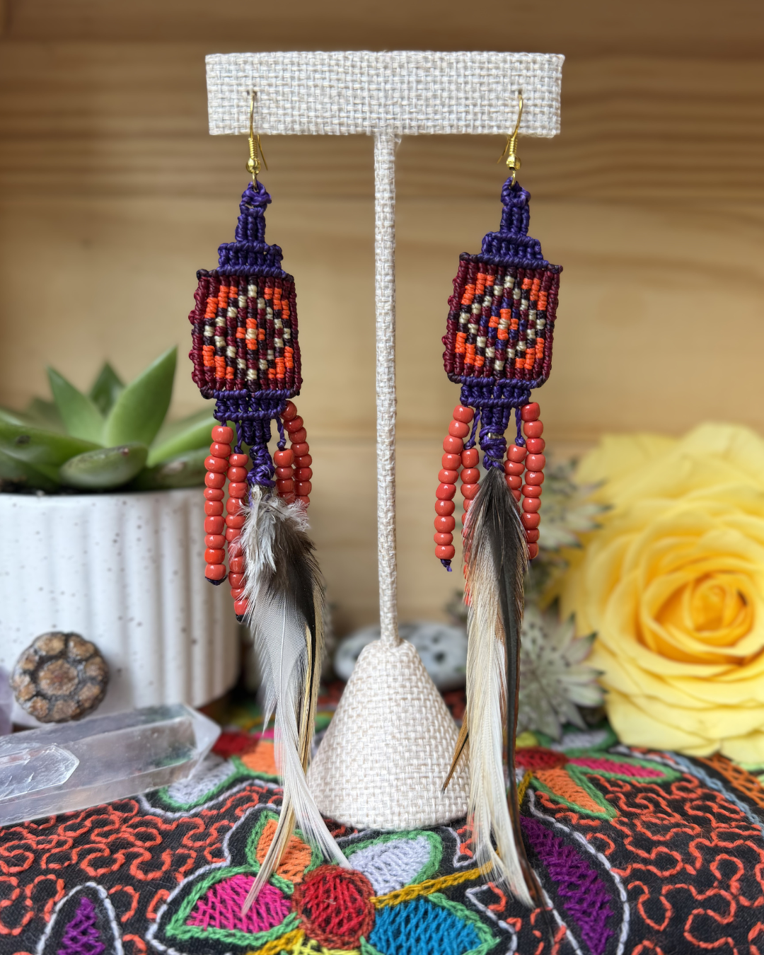 Handwoven Beaded Earrings with Feathers