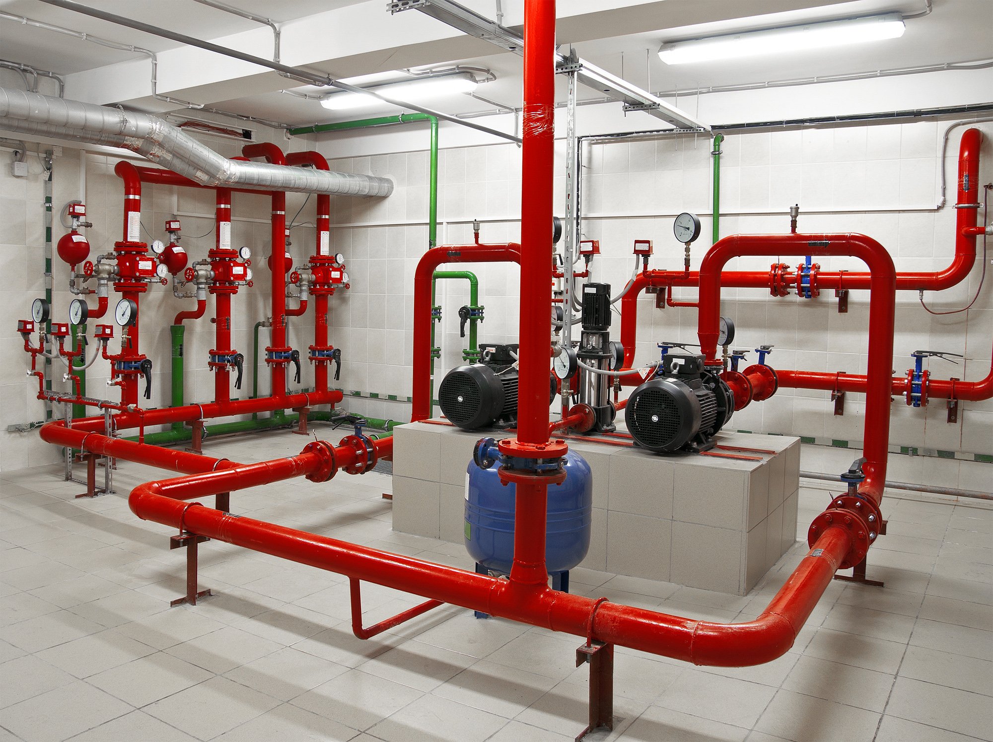 Mechanical room with fire risers, fire pump, and fire sprinkler system in salt lake county, uath