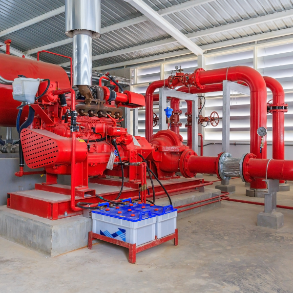 Industrial fire pump system with red piping and equipment inside a building with louvered windows.