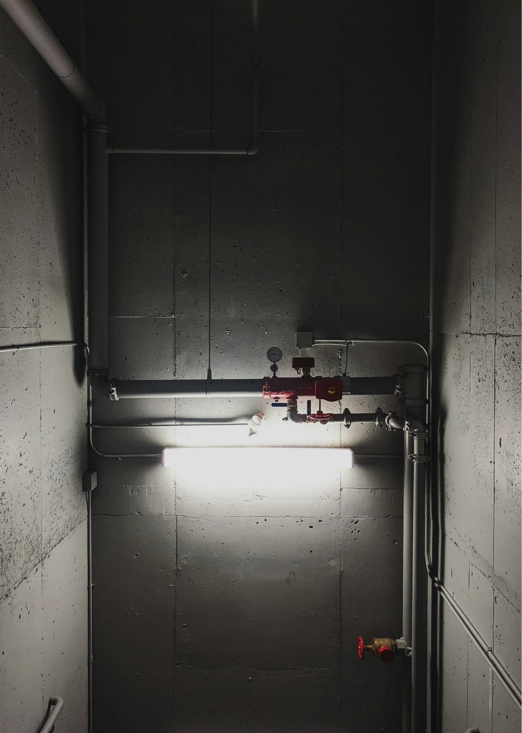 A view of an industrial room with concrete walls, pipes, valves, and a fluorescent light fixture on the ceiling.